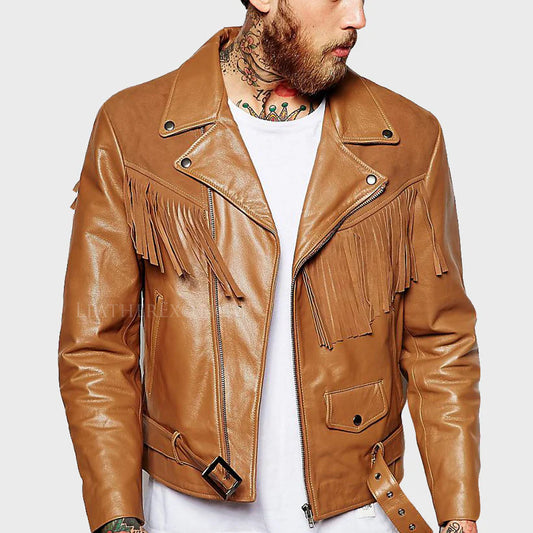 Brown leather jacket with fringe details on a white background