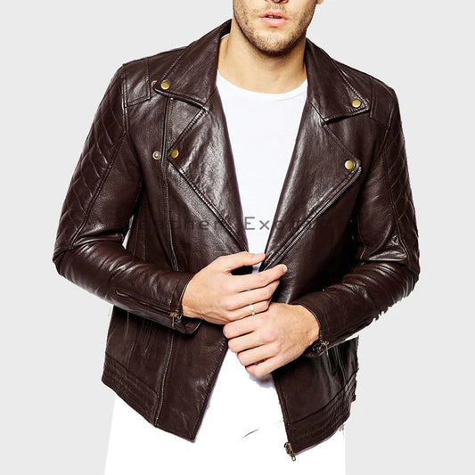 Man wearing a brown leather jacket on a white background