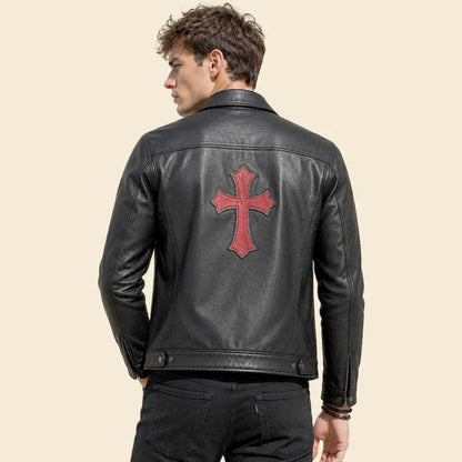 Men Black Gothic Leather Biker Jacket with Cross Patch Zip Up Style