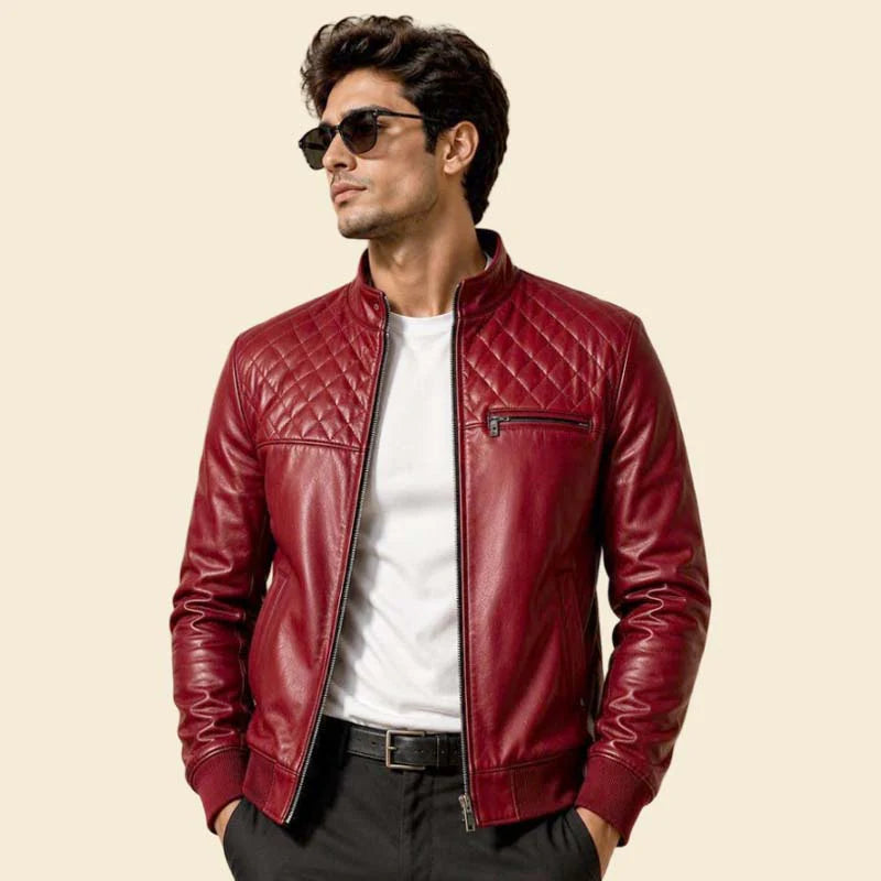 Men Red Quilted Leather Biker Jacket with Slim Fit Stand Collar