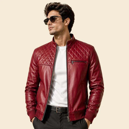 Men Red Quilted Leather Biker Jacket with Slim Fit Stand Collar