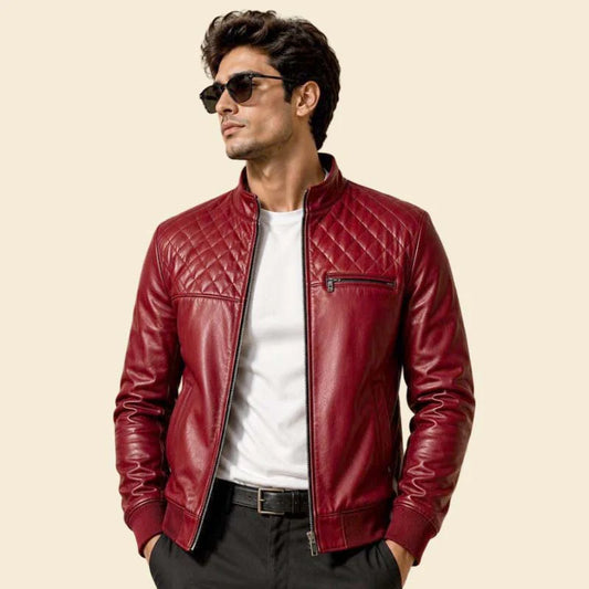 Men Red Quilted Leather Biker Jacket with Slim Fit Stand Collar