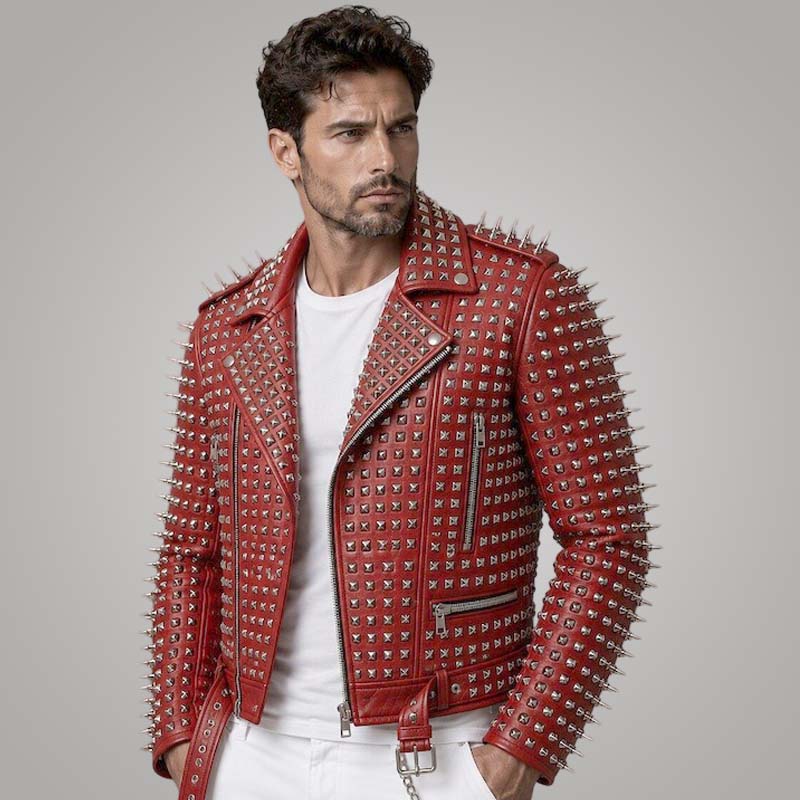 Shop our men's red genuine leather biker jacket. Features bold spiked studded punk rock details. Premium quality, edgy style, and free shipping.