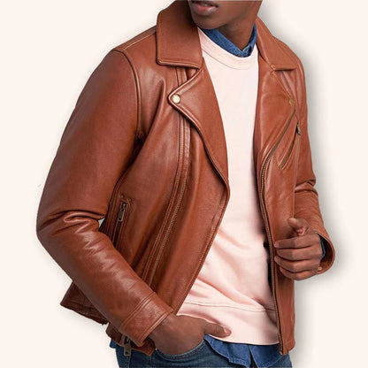 Men's Tan Brown Leather Biker Jacket