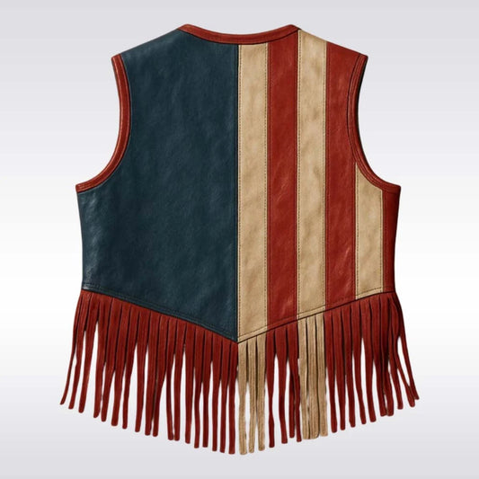 A sleeveless leather vest with fringe, featuring vertical panels in dark teal, rust red, and tan, shown against a light gray gradient background.