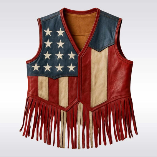 A leather fringe vest styled with an American flag design, featuring red leather, blue leather, beige leather panels, and white embroidered stars.