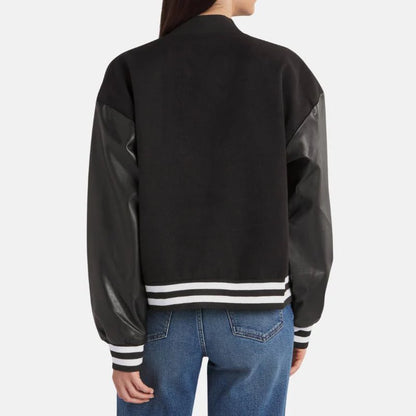 Women’s Black Lettermen Bomber Jacket With Leather Sleeves