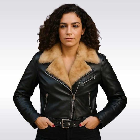 A woman wearing a black leather moto jacket with a beige shearling-style collar, standing against a light gray studio background.