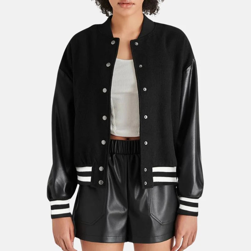 Women’s Black Lettermen Bomber Jacket With Leather Sleeves