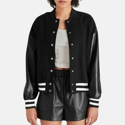 Women’s Black Lettermen Bomber Jacket With Leather Sleeves