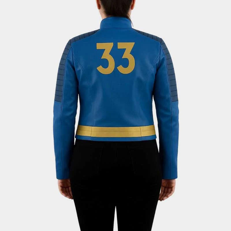 Women's Fallout 33 Blue and Gold Leather Cosplay Jacket