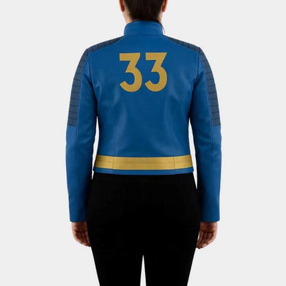 Women's Fallout 33 Blue and Gold Leather Cosplay Jacket