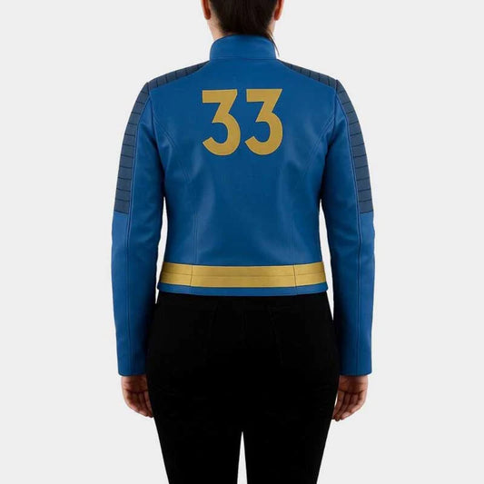 Blue jacket with gold number 33 on the back against a white background