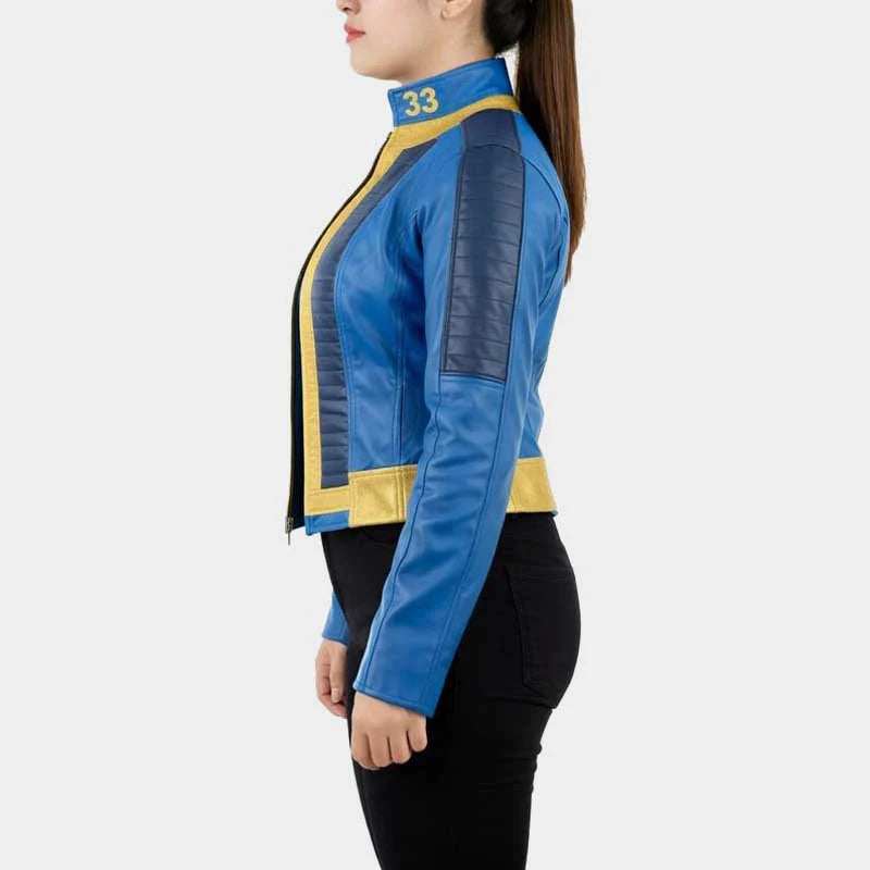 Women's Fallout 33 Blue and Gold Leather Cosplay Jacket