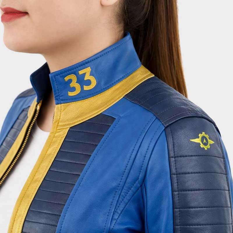 Women's Fallout 33 Blue and Gold Leather Cosplay Jacket