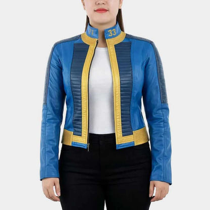 Women's Fallout 33 Blue and Gold Leather Cosplay Jacket