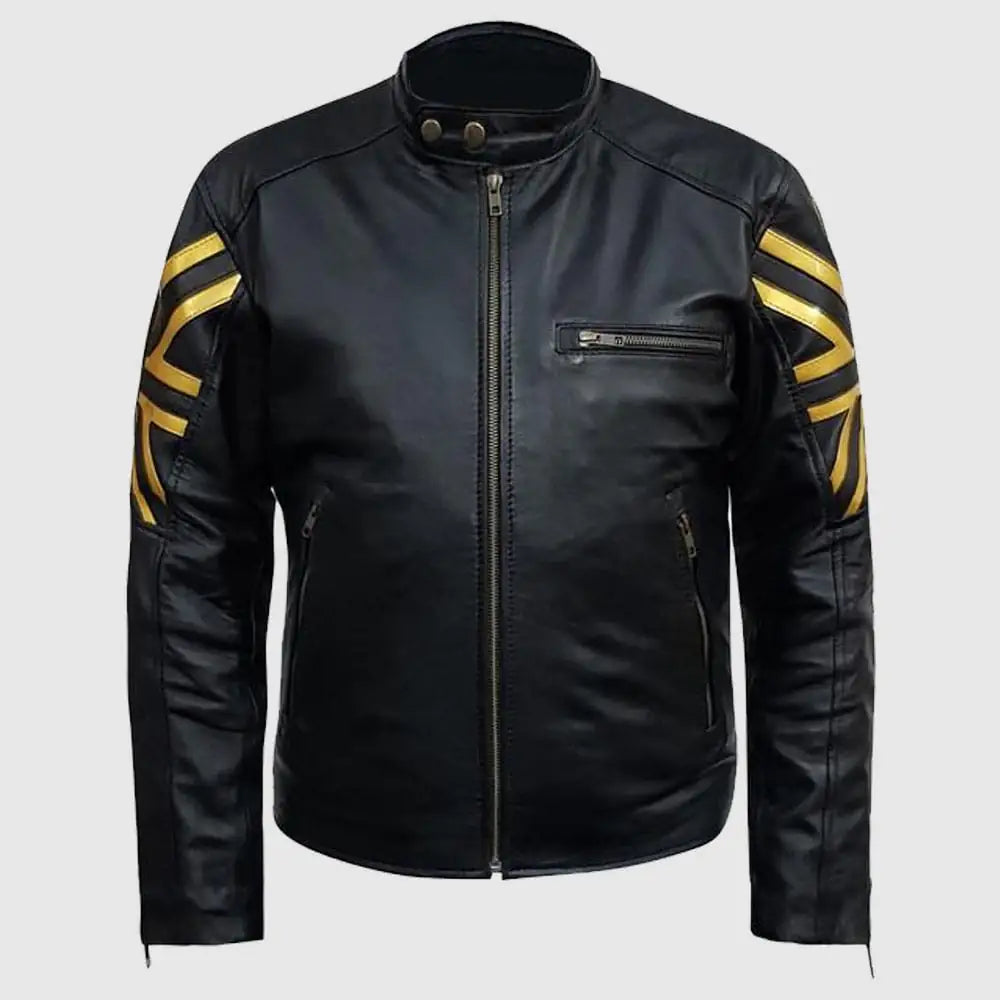 Mens Black & Gold UK Flag Leather Jacket