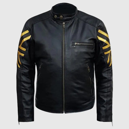 Mens Black & Gold UK Flag Leather Jacket