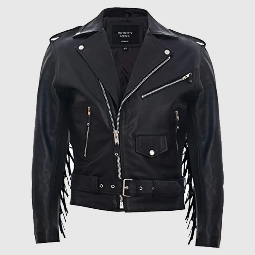 Mens Fringe Hide Leather Brando Tasseled Motorcycle Jacket Retro Biker
