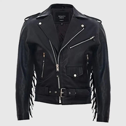 Mens Fringe Hide Leather Brando Tasseled Motorcycle Jacket Retro Biker