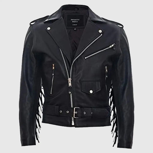 Mens Fringe Hide Leather Brando Tasseled Motorcycle Jacket Retro Biker