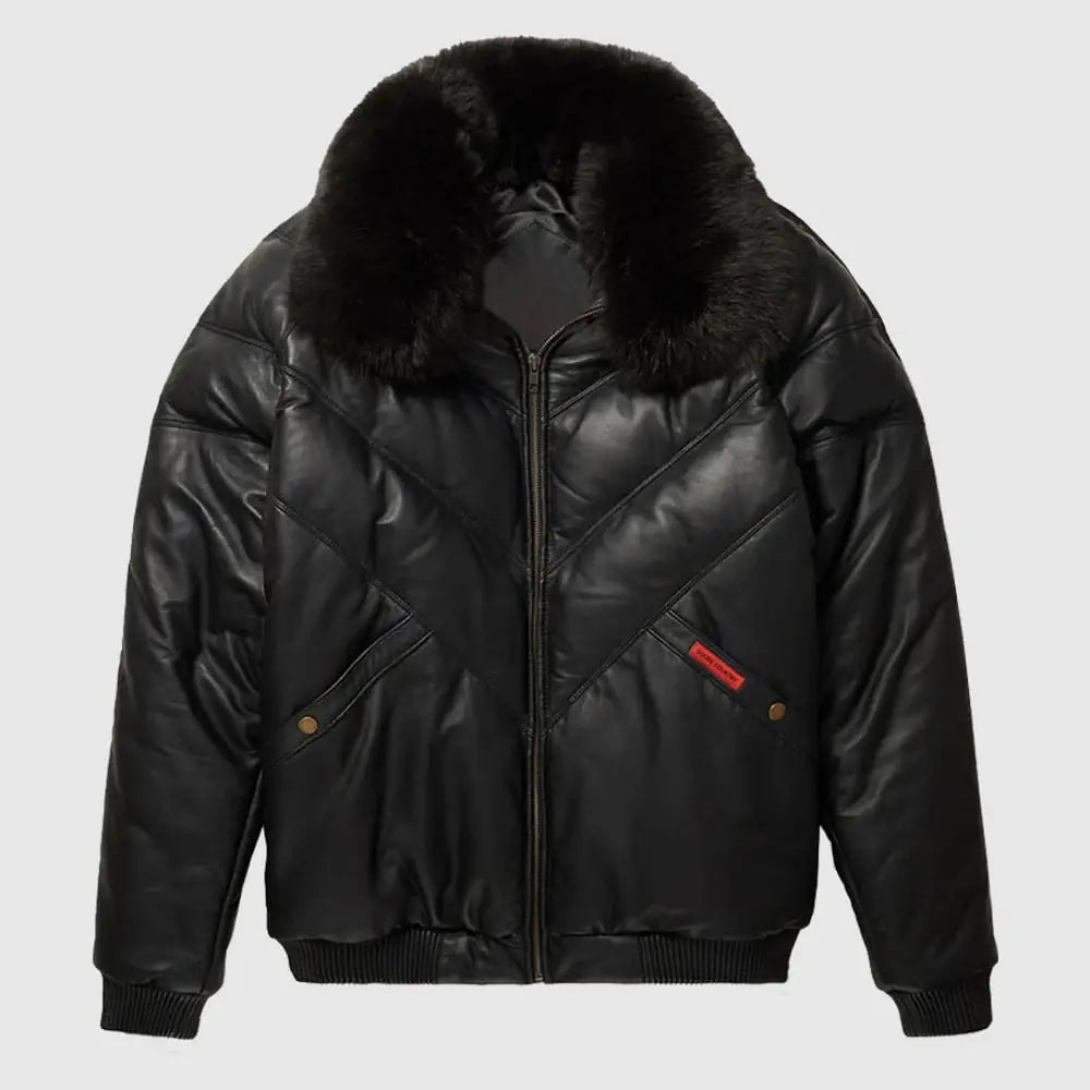 Leather V-Bomber Jacket Black with Black Fox Fur