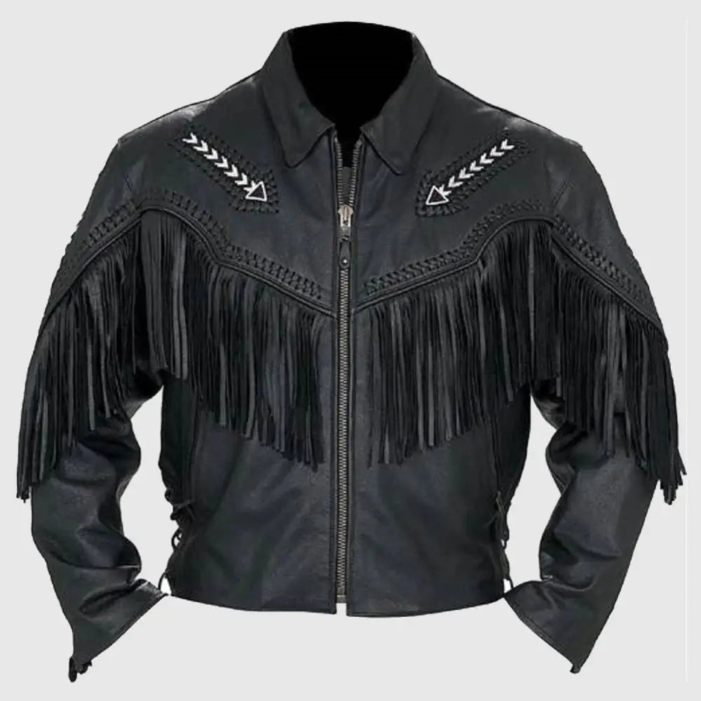 Men's Fashion Western Style Arrow Real Leather Motorbike Jacket Black