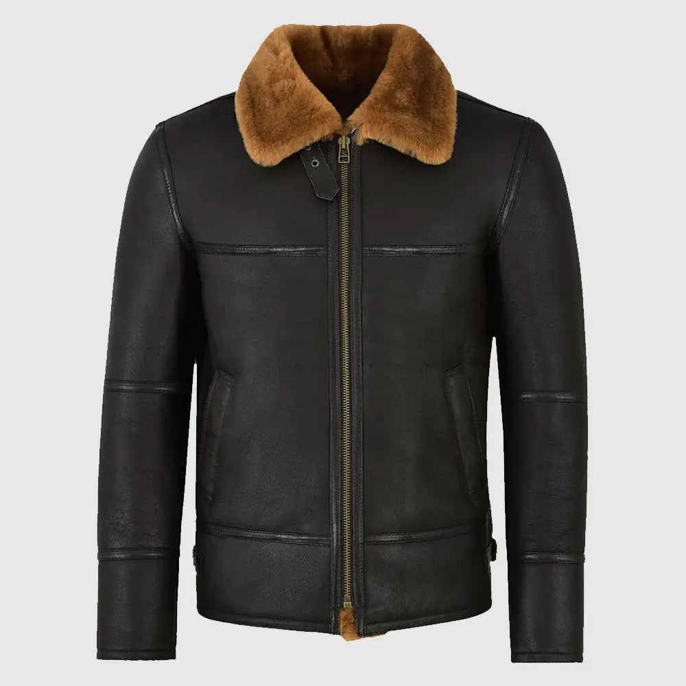 Traditional Black Shearling Jacket For Men