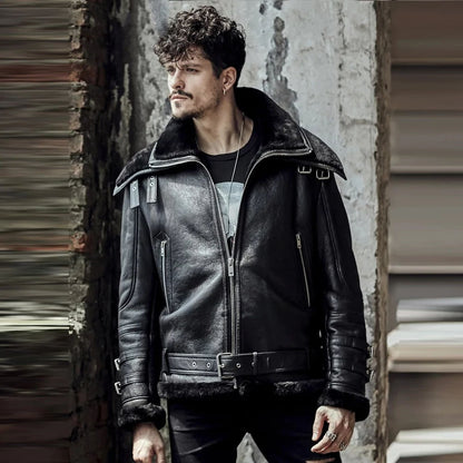 Men Double Collar Black B3 Flight Airforce Shearling Aviator Sheepskin Leather Jacket