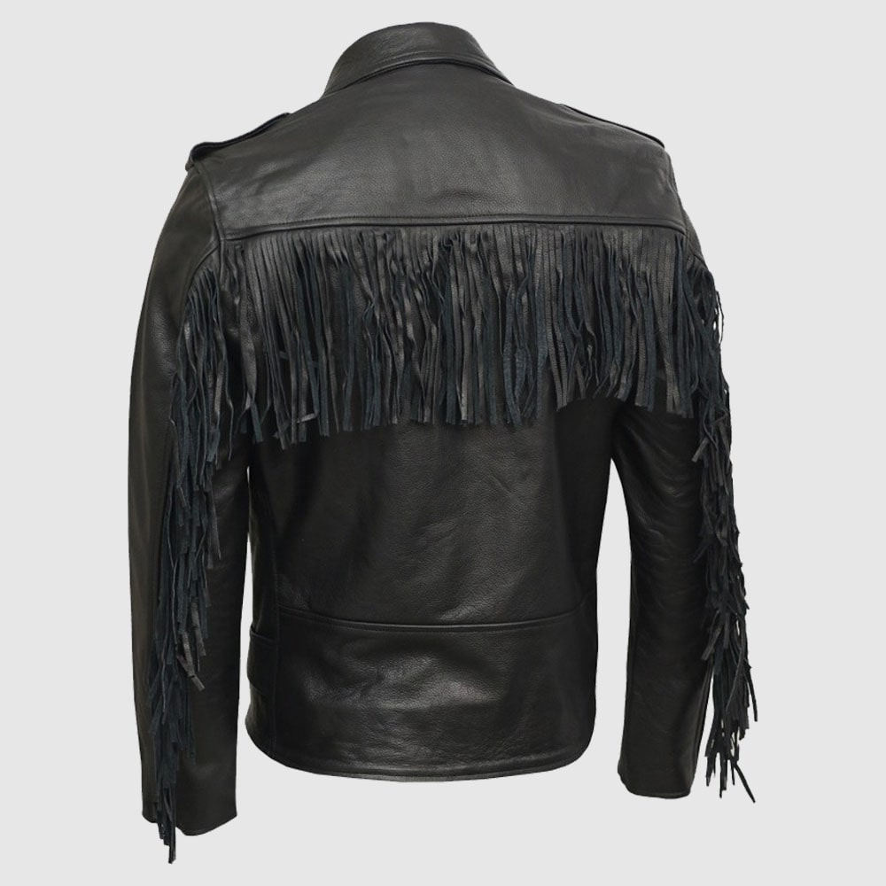 Men Real Leather Brando Fringe Black Casual Biker Leather Jacket