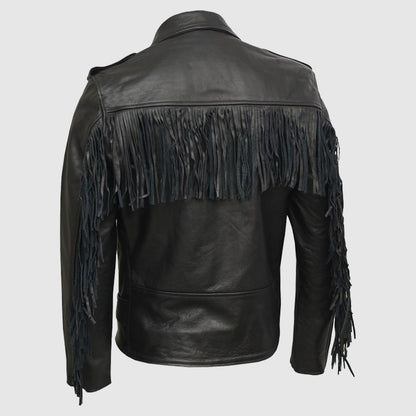 Men Real Leather Brando Fringe Black Casual Biker Leather Jacket