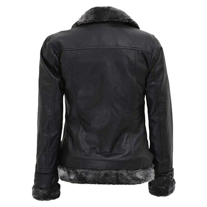 Women's Black Leather Shearling Jacket With Belted Closure