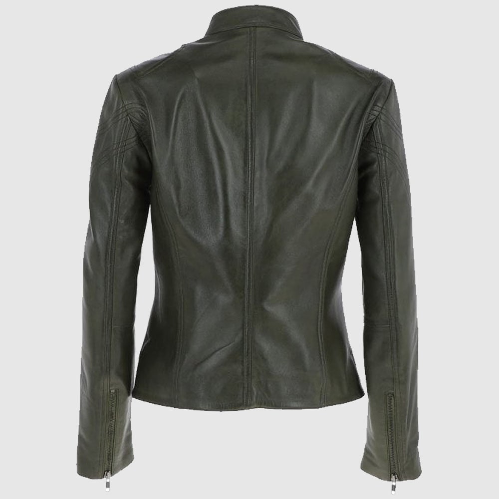 Leather Biker Jacket Women Green