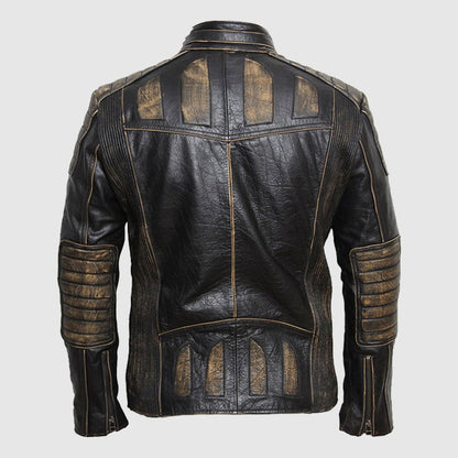 Vintage Retro Black Pleated Genuine Leather Motorcycle Jacket