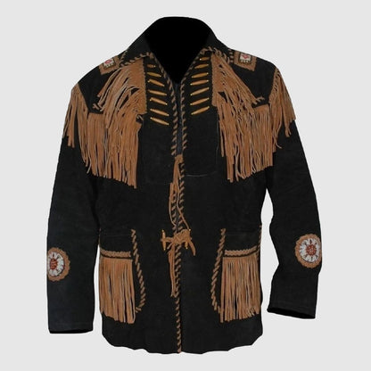 Men's Western coat cowboy suede leather jacket with Fringes Black