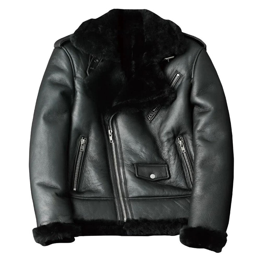 Men's Oblique Zipper Shearling Fur Leather Motorcycle Jacket