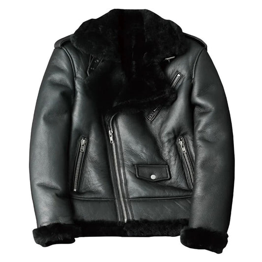 Men's Oblique Zipper Shearling Fur Leather Motorcycle Jacket