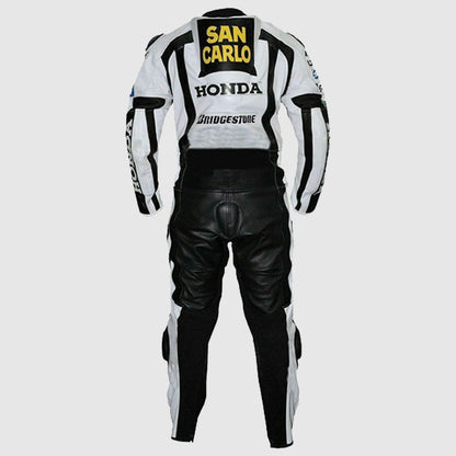 Men Honda San Carlo White Racing Motorcycle Leather Suit Jacket Pant