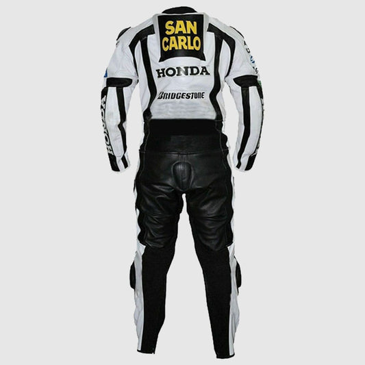 Men Honda San Carlo White Racing Motorcycle Leather Suit Jacket Pant