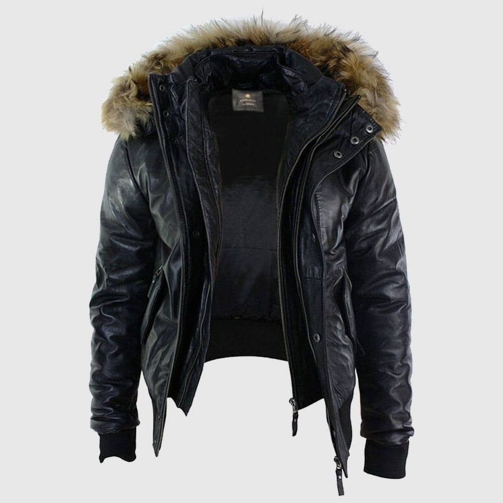 Mens Black Hood Bomber Shearling Jacket