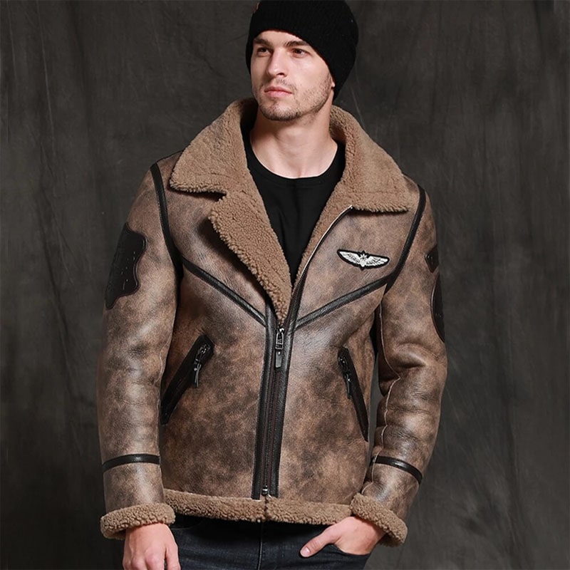 Natural sheepskin Men coat Real shearling fur Leather Jacket