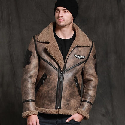 Natural sheepskin Men coat Real shearling fur Leather Jacket