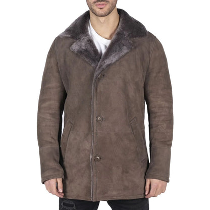 Mens Real Sheepskin Coat Beige Vintage Classic 3-4 Jacket Button Down V Neck
