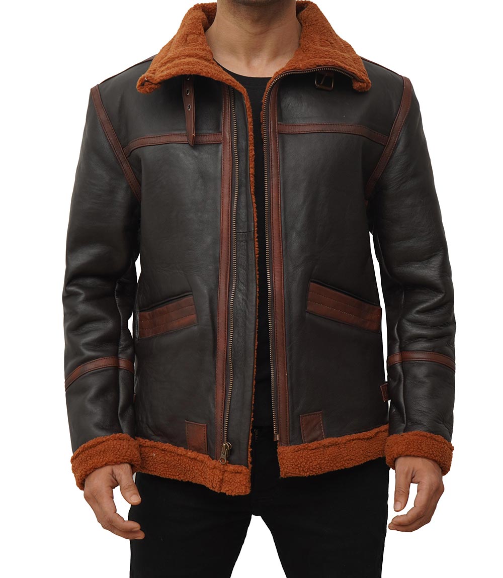 Mitchel Dark Brown Sherpa Bomber Leather Jacket