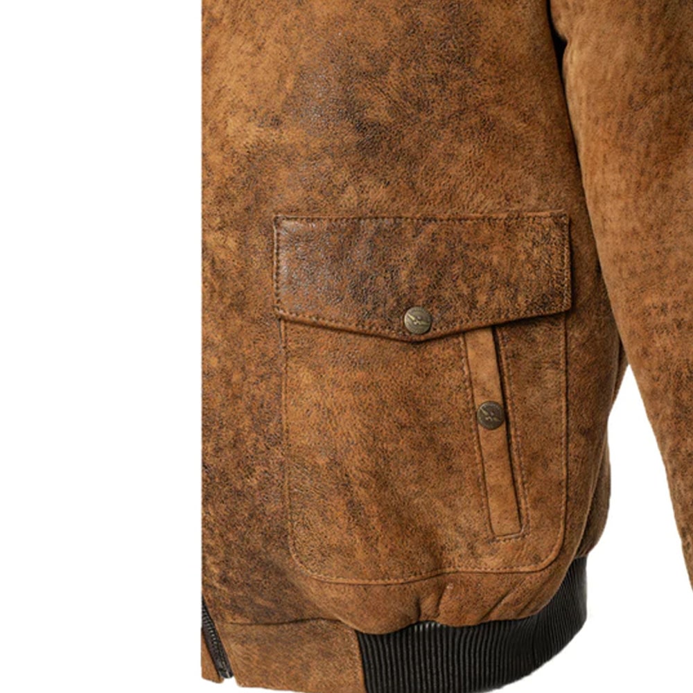 Lucian's distressed brown A2 Bomber shearling jacket
