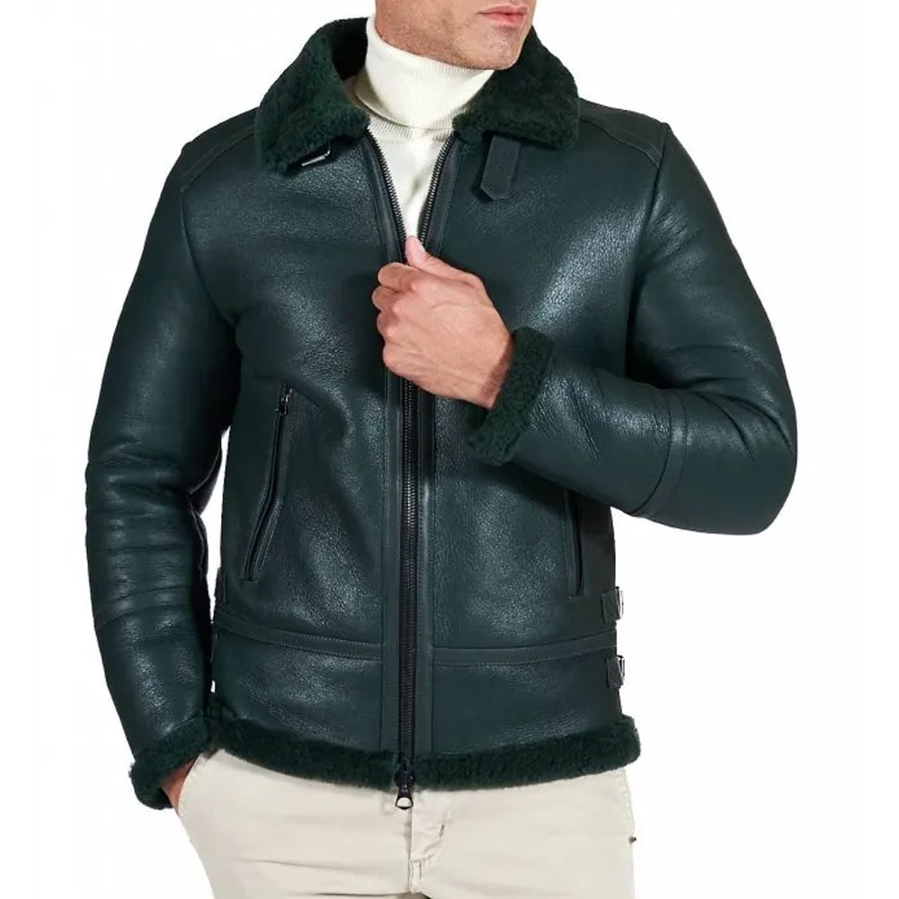 Green shearling lamb biker jacket shirt buckle collar