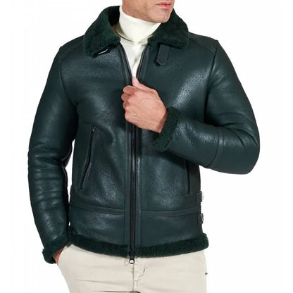 Green shearling lamb biker jacket shirt buckle collar