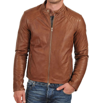 Men Brown Bomber Biker Tan Leather Jacket