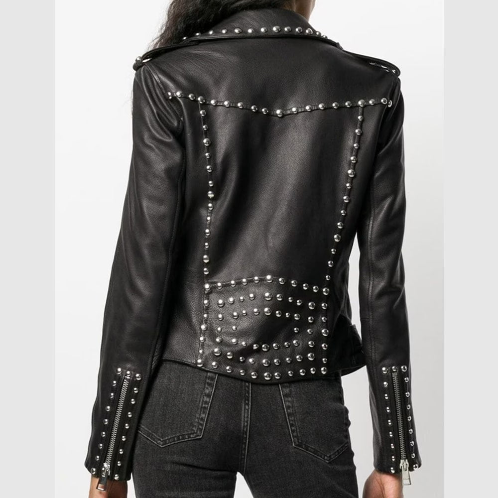 Women Silver Studded Leather Jacket Spiked Silver Color Studs