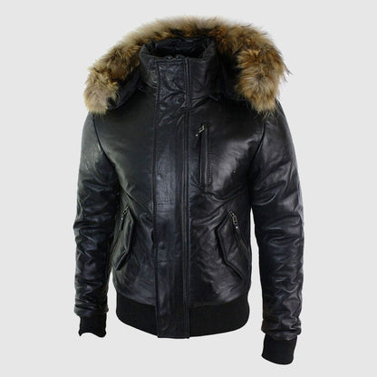 Mens Black Hood Bomber Shearling Jacket
